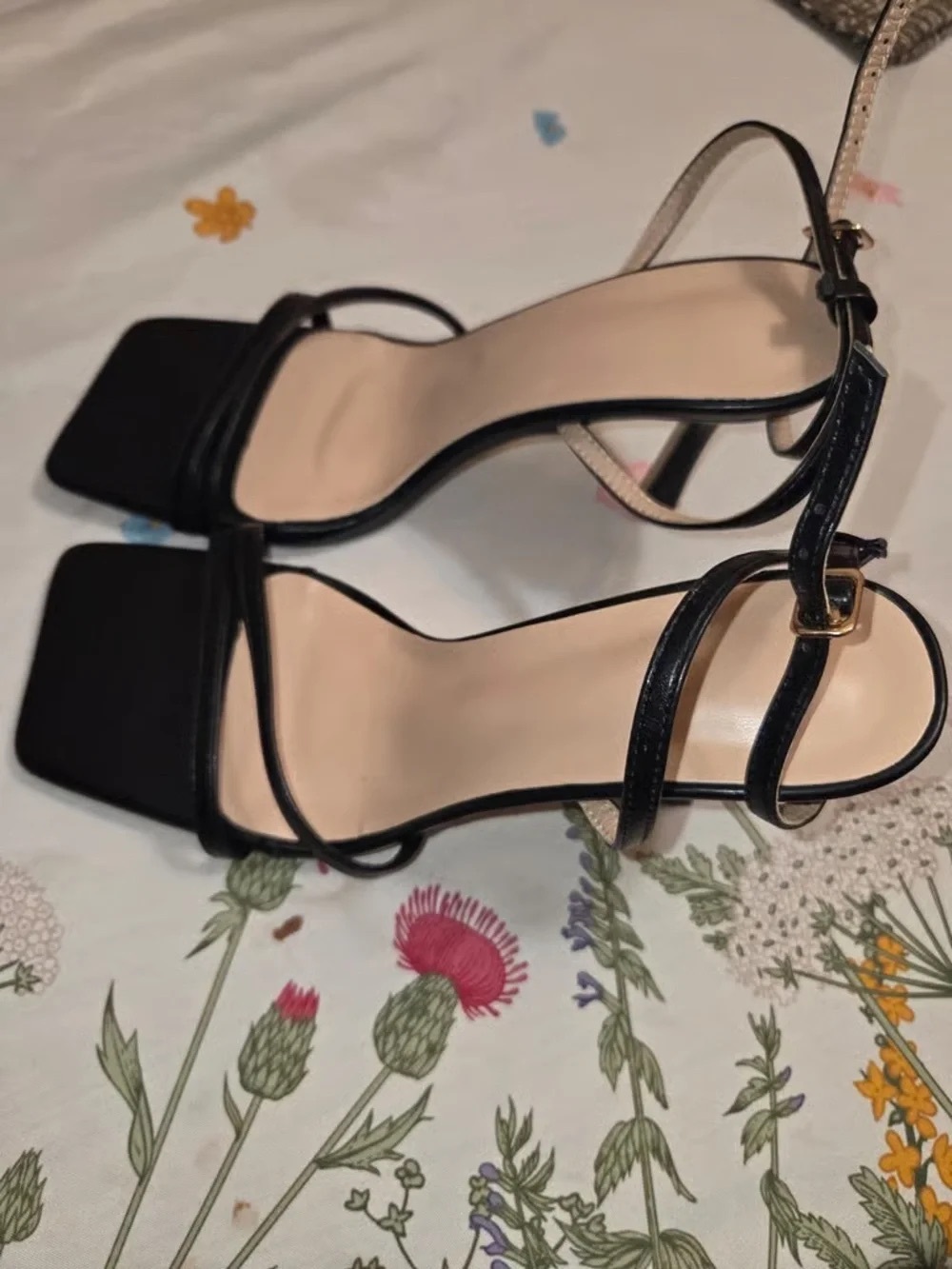 Black Strappy Square-Toe Ankle Strap Heels